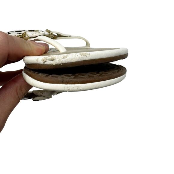 TORY BURCH Metallic Gold Cream Fringe Miller Logo Sandals Flip Flops Size 8 - Picture 6 of 9